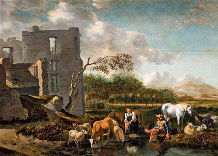 Gerrit Berckheyde Haarlem 1638 – 1698 PAESAGGIO CON PASTORI olio su tavola,...
