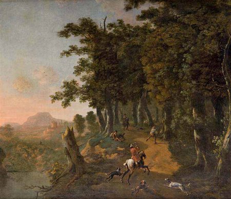 Jan Wyck Haarlem 1652 – Mortlake 1702 SCENA DI CACCIA IN UN BOSCO olio su...