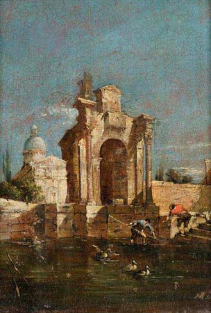 Giacomo Guardi Venezia 1764 – 1835 CAPRICCIO ARCHITETTONICO CON FONTANA olio...