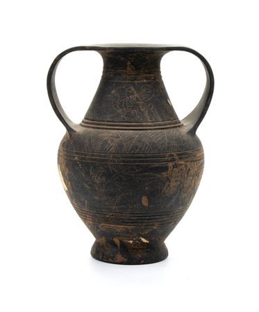 Piccola anfora in ceramica buccheroide biansata e graffita con decori zoomorfi e geometrici alternati in fasce   