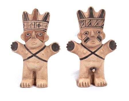Coppia di Cuchimilchai  (statuette votive antropomorfe) in ceramica dipinta, caratteristiche della cultura Chancay   