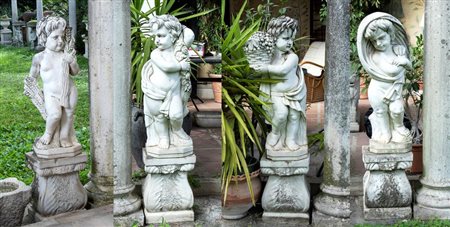 Lotto di 4 sculture in marmo bianco statuario raffiguranti  putti allegorie delle 4 stagioni   