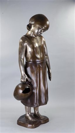 After Vincenzo Aurisicchio (1855-1926), patinated bronze sculpture, girl with...