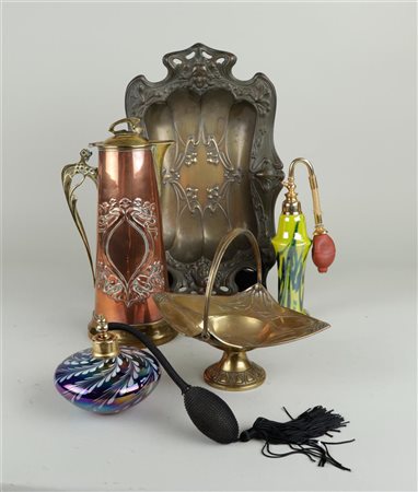 A lot of Art Nouveau objects consisting of two perfume bottles and various...
