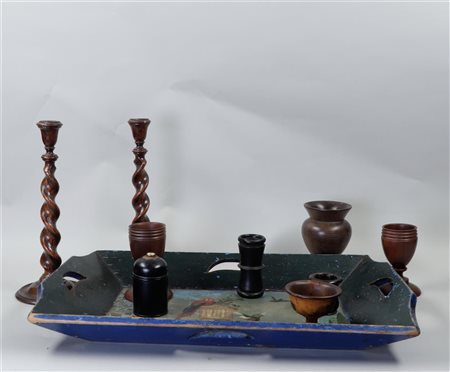 A lot of various antique wooden objects including a hand-painted tray, a set...