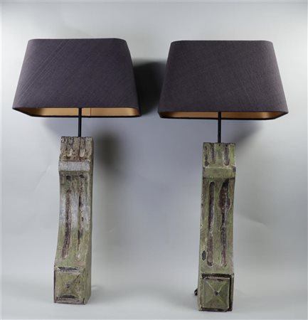 A set of wooden polychrome ornaments converted into table lamps. H. 80 cm.