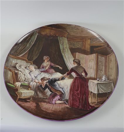 A very large hand-painted dish with a classical scene, marked 'Montreux' on...
