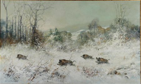 German School, Crossing Pigs in Winter, signed 'Klausmaier' (lower right).,...