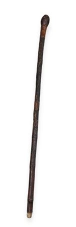 A bamboo wooden walking stick decorated with dancing mythical figures. Japan,...