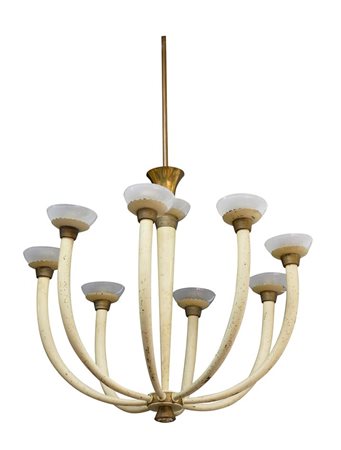 ULRICH GUGLIELMO (attribuito) Lampadario in ottone, metallo laccato e vetro...