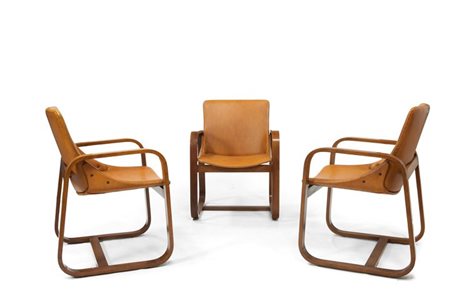 PAGANO POGATSCHNIG GIUSEPPE Tre sedie in legno lamellare curvato con seduta...