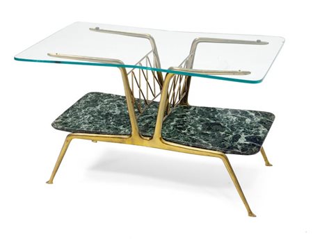 PRODUZIONE ITALIANA Tavolino con sostegni in ottone lucidato e piano in...