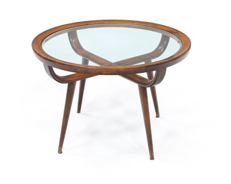 PRODUZIONE ITALIANA Tavolino con struttura in legno di acero, piano in vetro...