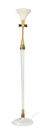 VENINI (attribuito) Lampada da terra in vetro di Murano lavorato a torchon....