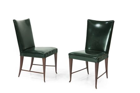 BUFFA PAOLO Coppia di sedie in legno di faggio , imbottitura in skai. Anni...