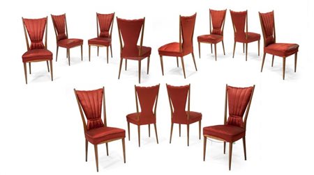 BUFFA PAOLO Dodici sedie con struttura in legno di noce, rivestimento in raso...