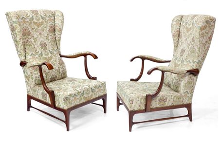 BUFFA PAOLO Coppia di poltrone in legno di noce, imbottitura rivestita in...