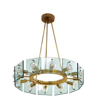 PRODUZIONE ITALIANA Lampada a sospensione con struttura in ottone lucidato e...