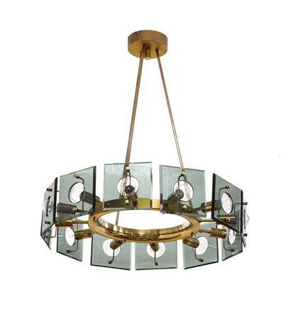 PRODUZIONE ITALIANA Lampada a sospensione con struttura in ottone lucidato e...