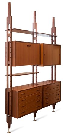 PRODUZIONE ITALIANA Libreria a due campate in legno di teak con due...