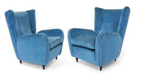 BUFFA PAOLO Coppia di poltrone con struttura in legno e imbottitura rivestita...