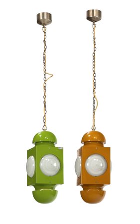 LUCI Due lanterne in metallo laccato e lenti in vetro. Prod. Luci anni '70 h...