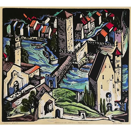 Bruno Colorio , Torre Vanga, xilografia dipinta, cm 50x70