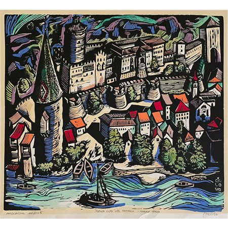 Bruno Colorio , Torre Verde, xilografia dipinta, cm 50x70