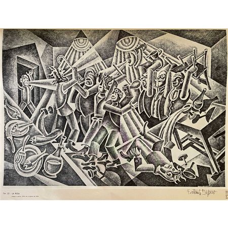 Fortunato Depero , La rissa (1943) stampa litografica con firma autografa su...