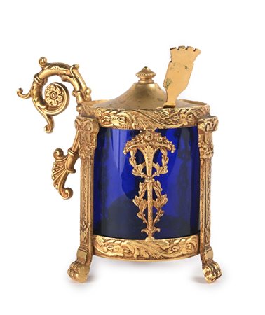 Mustard cup in metallo dorato d'epoca Impero contenitore cilindrico in vetro...