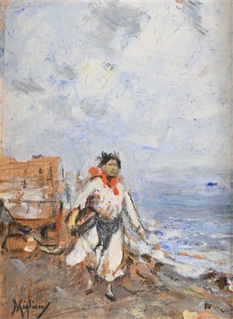 Vincenzo Migliaro Napoli 1858-Napoli 1938 Figura sulla spiaggia olio su...