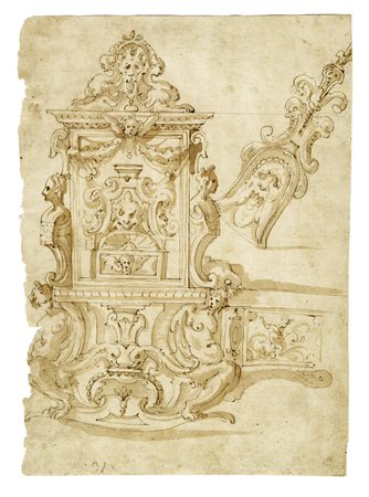 Anonimo della fine del XVI secolo, Progetto architettonico con mascheroni,...