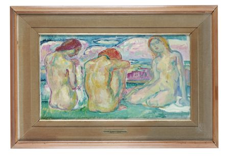 Heinrich Ludolf Verworner, Bagnanti. 1917. Olio su tela. cm 30x53. Siglato a...