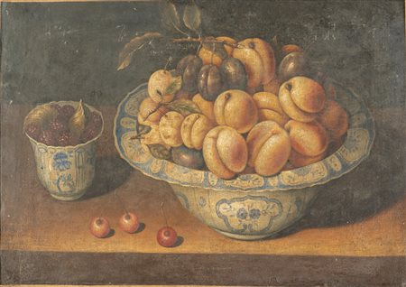 Pittore del XVIII secolo. Natura morta di albicocche, prugne e more.