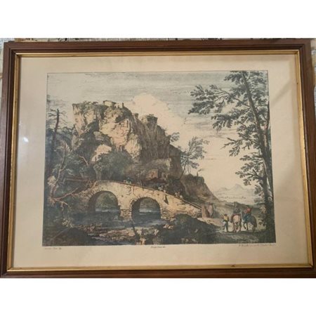 Achille Parboni (Roma 1783 -1841), Luigi Corsi (notizie 1837-1839). Paesaggio con ponte in rovina e viandanti. 