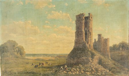 Pittore attivo tra XIX-XX secolo. Paesaggio con rovine, popolane e armento.