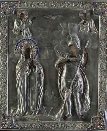 Scuola russa, fine XIX secolo. Icona raffigurante la Vergine e San Giorgio.