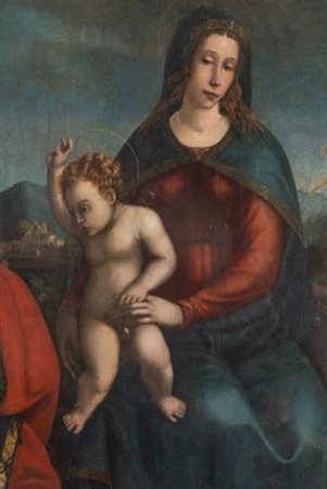Cerchia di Francesco Bianchi Ferrari (Ferrara 1447-1510). Madonna con il Bambino tra i Santi Giovanni Evangelista e Francesco.