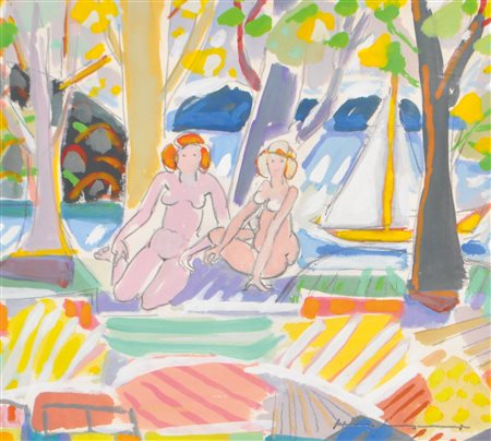 Hanns Schwarzmaier (1914 - 2011) Bagnanti al lago;Tempera e matita, 30,5 x 34...
