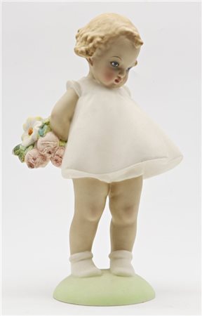 Cacciapuoti Figura di bambina con mazzo di fiori in ceramica modellata a colaggi