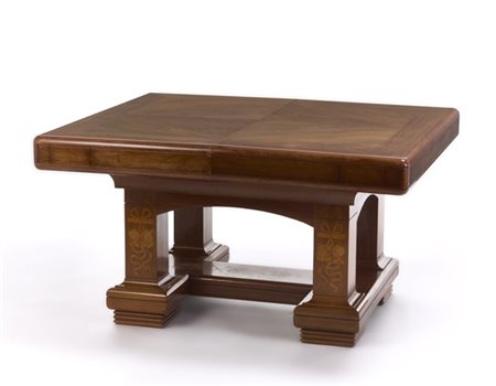 Piero Zen Tavolo Liberty con piano quadrato allungabile, gambe e traverse intars