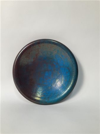Carlo Zauli Piatto in ceramica decorato nei toni dell'azzurro ciano e rame a eff