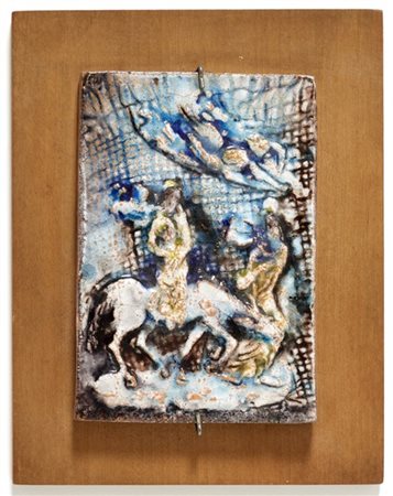 Ugo Lucerni Piccola formella in ceramica smaltata in policromia montata su un pa