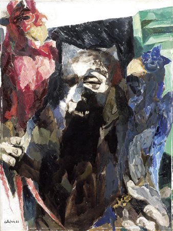 Ennio Calabria Tripoli 1937 Vecchia con pappagalli, 1964 Olio su tela, cm....