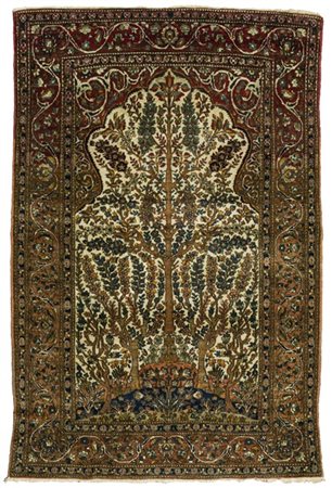 Tappeto preghiera Sarouk, Persia, inizio secolo XX. Mirab decorato con albero d