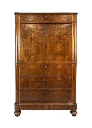 Secretaire con cassaforte in noce e radica di noce, fronte a quattro cassetti e