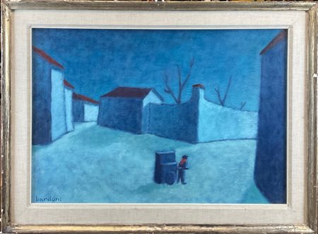 Ezechiello Bardoni 
"Paesaggio con uomo e carretto" olio su cartone pressato (c
