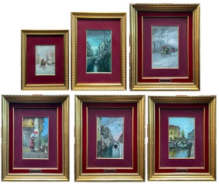 Lotto composto da sei dipinti ad olio raffiguranti "Scene della Vecchia Milano"