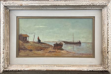 Cesare Riesch "In laguna" 
olio su compensato (cm 21x40)
firmato in basso a dest