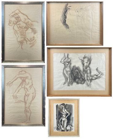 Lotto composto da cinque disegni a tecnica mista su carta raffiguranti nudi fem